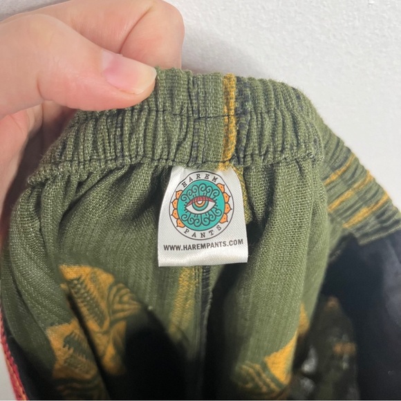 Harem Pants Mixed Print Size Small Olive Green Pull On Boho Hippie Travel - Picture 6 of 8